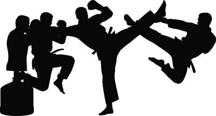 Vector art of a group of people are practicing martial arts with kicks and punches in silhouette isolated on white background