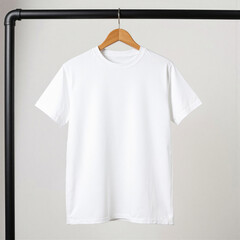 White shirt on hanger hanging on industrial clothes rack, full view