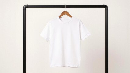 White shirt on hanger hanging on an industrial clothes rack, short view