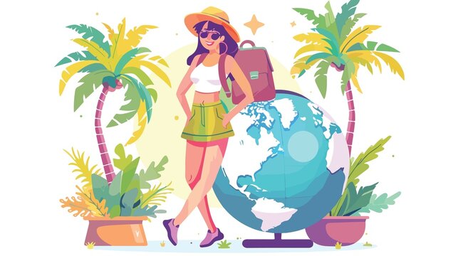 Travel dreams with globe, backpack, and palm trees, ready for vacation adventure around the world