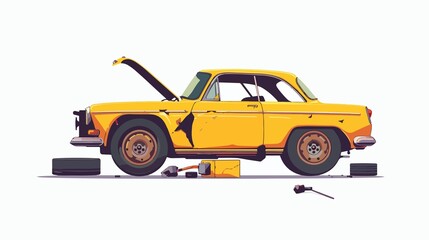 Fototapeta premium Classic yellow car broken down needing repair with tools displayed roadside, ideal for automotive concepts