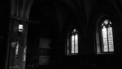 Obraz premium Gothic Architectural Interior With Dim Lighting And Stained Glass Windows