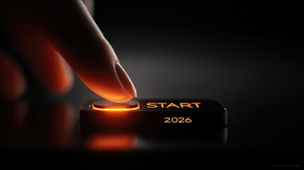 Futuristic glowing start button with finger pressing it
