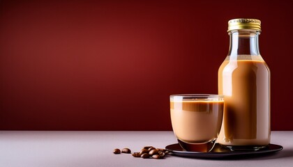baileys bottle over dark red background with a cream coffee cup on the side the irish cream drink in salted caramel version