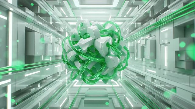 幾何学的なデータコアの光が輝く未来空間｜Glowing Geometric Data Core in Futuristic Space
