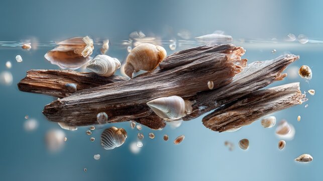 A cluster of weathered driftwood fragments and intact seashells gently suspended in a clear water column.