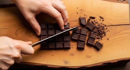 Hands cutting dark chocolate bar into pieces on a wooden board with copy space