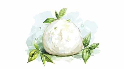 Fresh burrata cheese with basil leaves, a vibrant watercolor illustration for Italian cuisine lovers