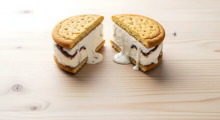 Delicious ice cream sandwich with melting vanilla ice cream and cookie halves on a wooden table