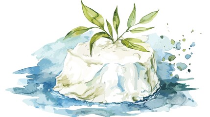 Elegant watercolor painting of fresh ricotta cheese with greenery, a delicate and delicious culinary presentation