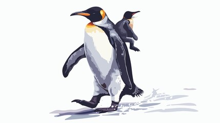 Adorable emperor penguin parent carrying baby chick on back walking across snowy landscape