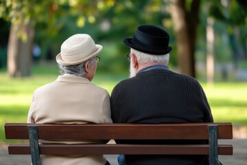 Elderly couple sitting quietly outdoors during Yom Kippur, holding hands in emotional connection