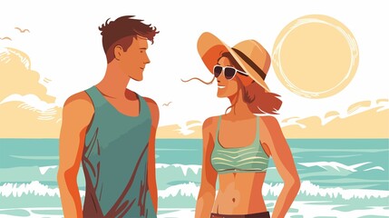 Young couple enjoying sunny beach vacation with ocean view and summer vibes, perfect for travel ads