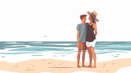 Romantic couple enjoying summer vacation together on sandy beach with ocean views during sunny day creating loving memory