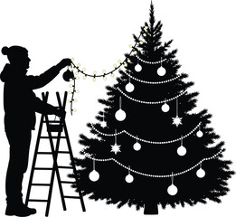 Vector art of silhouette of a person decorating a christmas tree with lights and ornaments isolated on white background