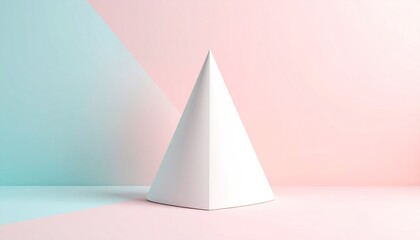 White Cone-Shaped Object On A Pastel Pink And Blue Background In A Minimalist Studio Setting