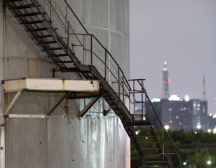 Weathered Metal Staircase Ascending An Industrial Concrete Structure With A Cityscape Background