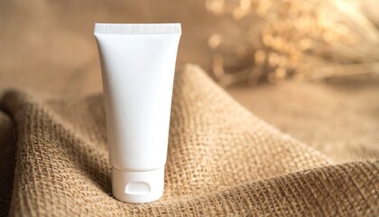 White Cosmetic Cream Tube on Brown Burlap Background with Dried Foliage for Product Presentation