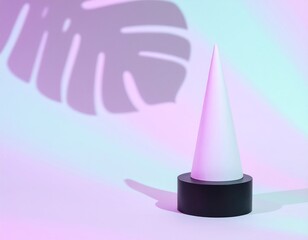 White Paper Cone Sculpture On Pedestal With Tropical Shadows And Soft Pastel Beam
