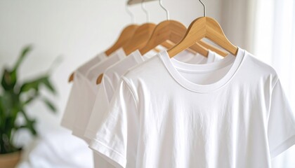 White T Shirts On Wooden Hangers With Soft Diffused Lighting For Clean And Minimalist Aesthetic Display