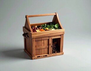 Wooden Compost Bin Miniature Model with Organic Waste on a Soft Grey Background