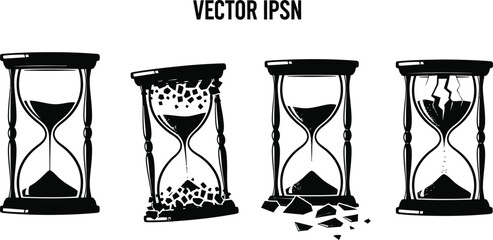 Vector art of a set of hourglasses showing the passage of time, including broken ones, isolated on white background