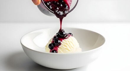 Vanilla ice cream scoop topped with fresh blueberry sauce and whole berries in a white bowl