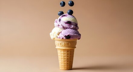 Delicious double scoop blueberry and vanilla ice cream cone with falling blueberries