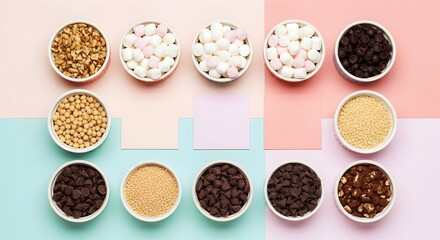 Overhead view of bowls filled with ice cream toppings and ingredients on a pastel background