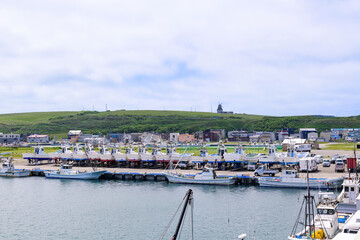 Fototapeta premium Coastal scenery of Cape Soya and Port Soya under the clear blue sky in June 