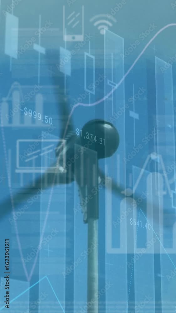 Poster animating of statistical data processing and digital icons over spinning windmill against blue sky