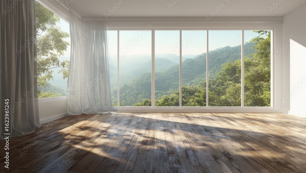 Poster serene room with sunlight streaming through expansive , showcasing a lush mountain view and creating