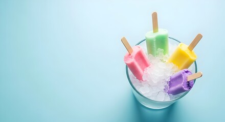 Colorful fruit popsicles in ice served in a glass on a pastel blue background