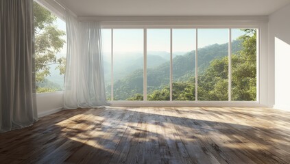 Fototapeta premium Serene room with sunlight streaming through expansive , showcasing a lush mountain view and creating a tranquil atmosphere.