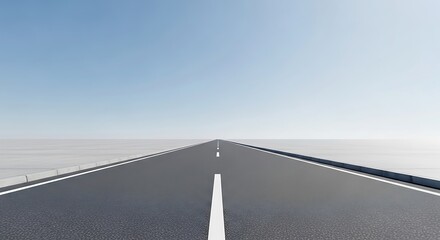 A clean asphalt road stretches into the distance under a clear blue sky conveying themes of