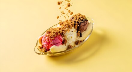 Delicious banana split ice cream dessert with strawberry, vanilla, and chocolate scoops on a yellow background.