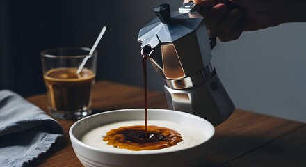 Hand pouring hot espresso from a moka pot into a bowl of creamy yogurt