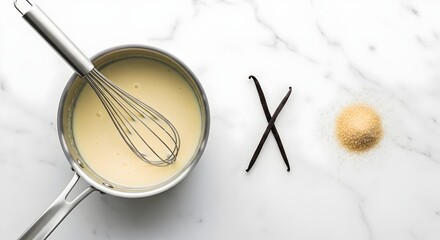 Preparing creamy vanilla custard with whisk and ingredients on marble surface