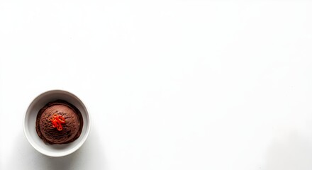 Rich chocolate ice cream scoop with vibrant red chili garnish in a white bowl, top view