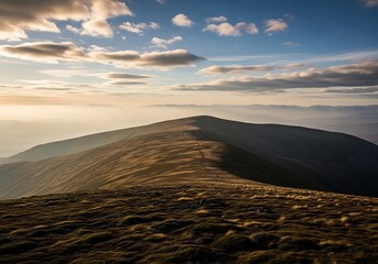 Dramatic Mountain Range at Sunrise with Cloudy Sky and Hazy Valleys Below