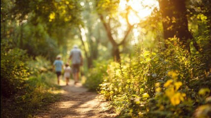 Fototapeta premium Small family enjoying a peaceful summer forest scene with warm sunlight filtering through trees. 