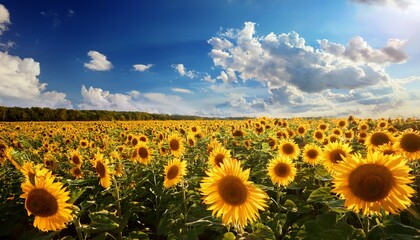 Obraz premium sunny sunflower field under a cloudy blue sky