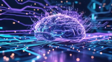 Futuristic artificial intelligence working process, glowing neural network connections, digital brain, holographic circuits processing data, abstract tech animation, blue and purple light effects - Powered by Adobe