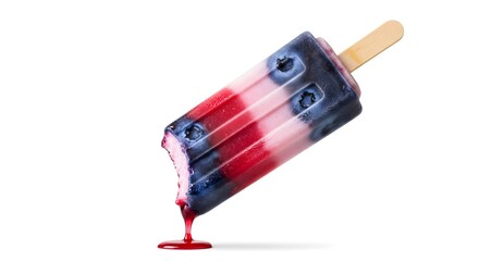 Bitten red, white, and blue popsicle with dripping berry syrup on white background