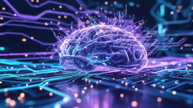 Futuristic artificial intelligence working process, glowing neural network connections, digital brain, holographic circuits processing data, abstract tech animation, blue and purple light effects - Powered by Adobe