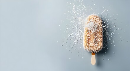 Delicious coconut ice cream bar sprinkled with shredded coconut on a light blue background