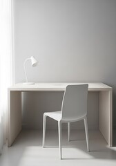 Minimalist Office Setup Featuring White Desk Chair and Lamp Against a Neutral Background