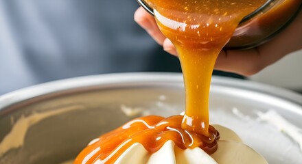 Close-up of thick, glossy caramel sauce being poured over creamy white dessert in a bowl