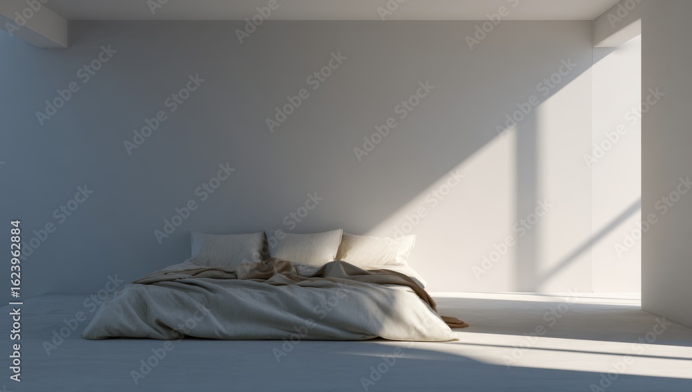 Poster sunlight streams into a minimalist bedroom, illuminating a comfortable bed and creating a serene, pe