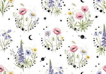 Seamless Pattern of Watercolor Flowers, Celestial Bodies and Abstract Elements for Textile Design,